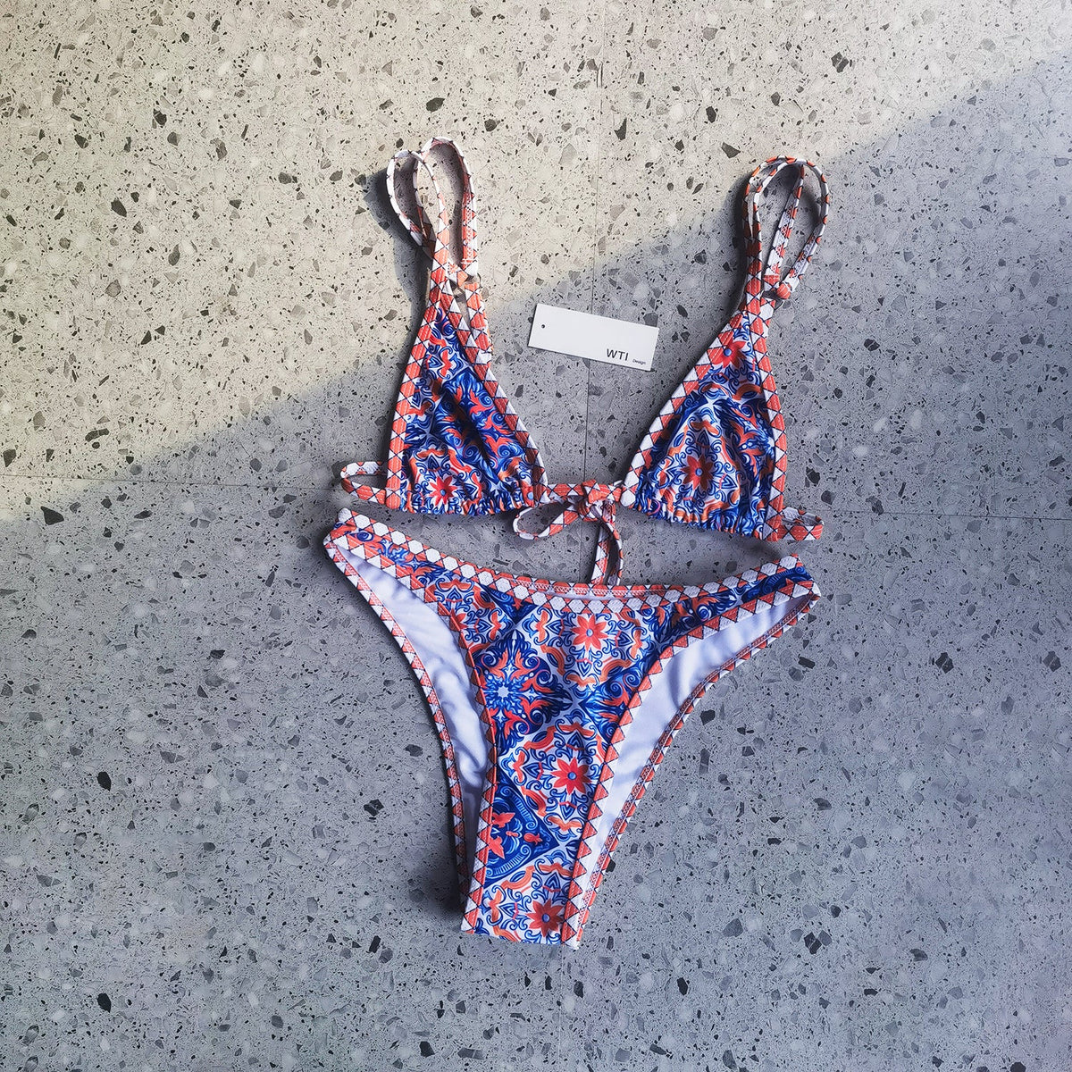 Floral Print Crochet Hem Triangle Bikini Swimsuit
