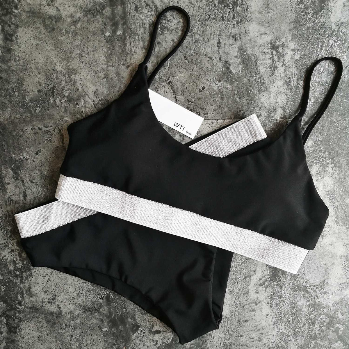 Silver Swimsuit with Knit Hem High Waist High Cut Crop Top Bikini Set - worthtryit.com