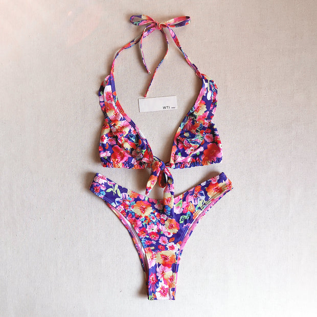 Floral Print Ruffle Straps Triangle Bikini Swimsuit