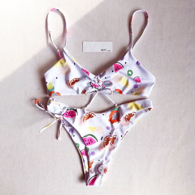 Fruit Print Shirred Front Crop Top Bikini Swimsuit