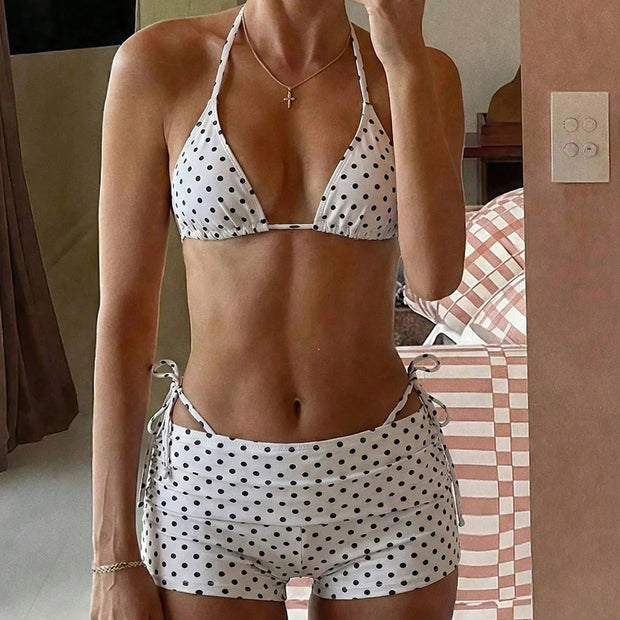 Polka Dots Tie Side Triangle Bikini & Shorts 3 Piece Set