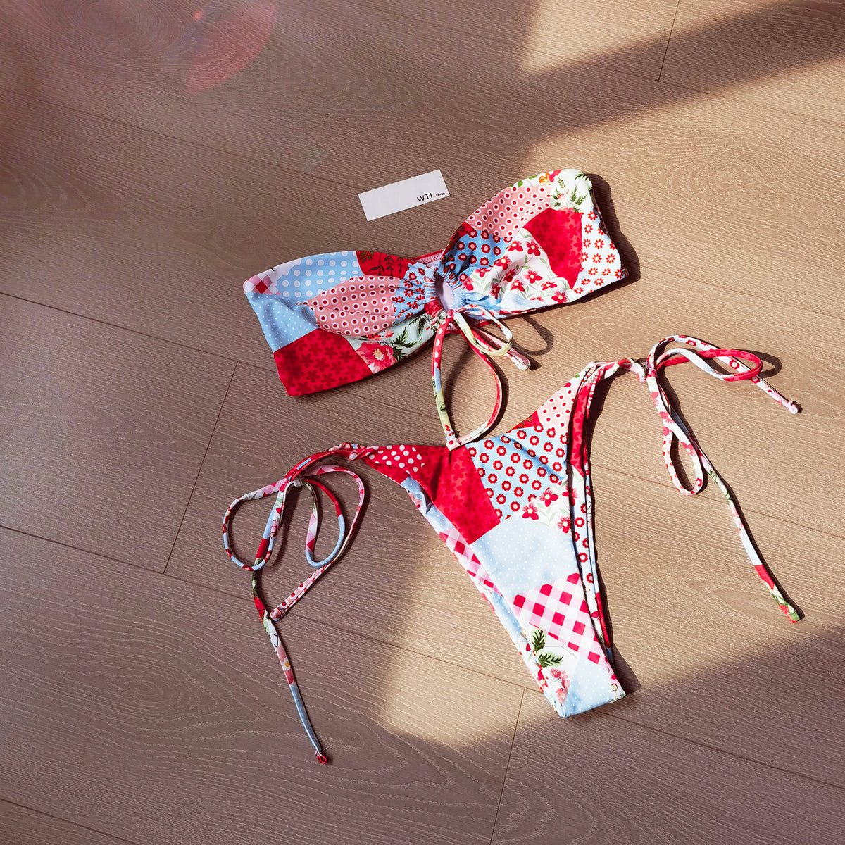 Blocked Print Bandeaux High Leg Bikini Swimsuit