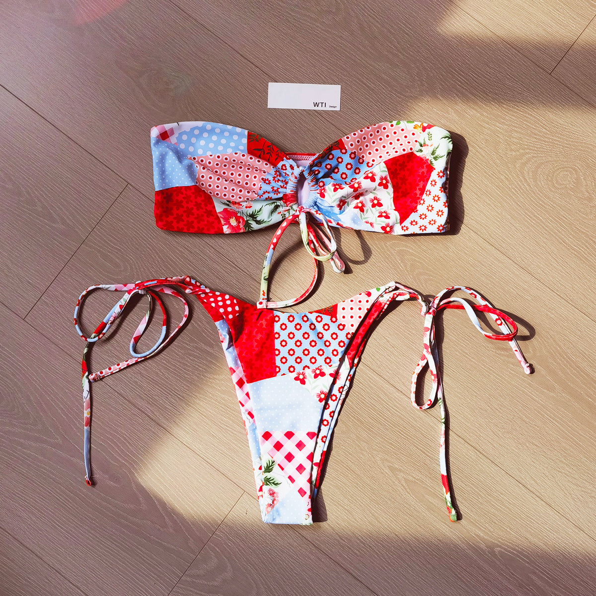 Blocked Print Bandeaux High Leg Bikini Swimsuit
