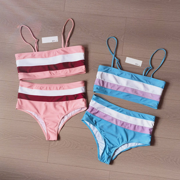 Color Block Strappy High Waisted Crop Top Bikini Set