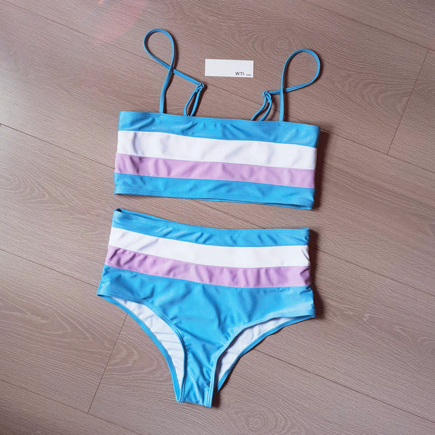Color Block Strappy High Waisted Crop Top Bikini Set