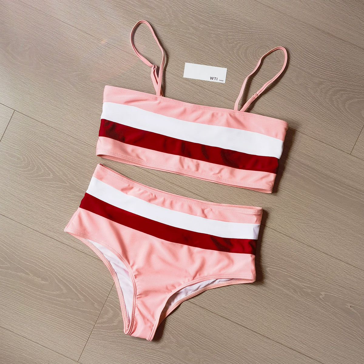 Color Block Strappy High Waisted Crop Top Bikini Set