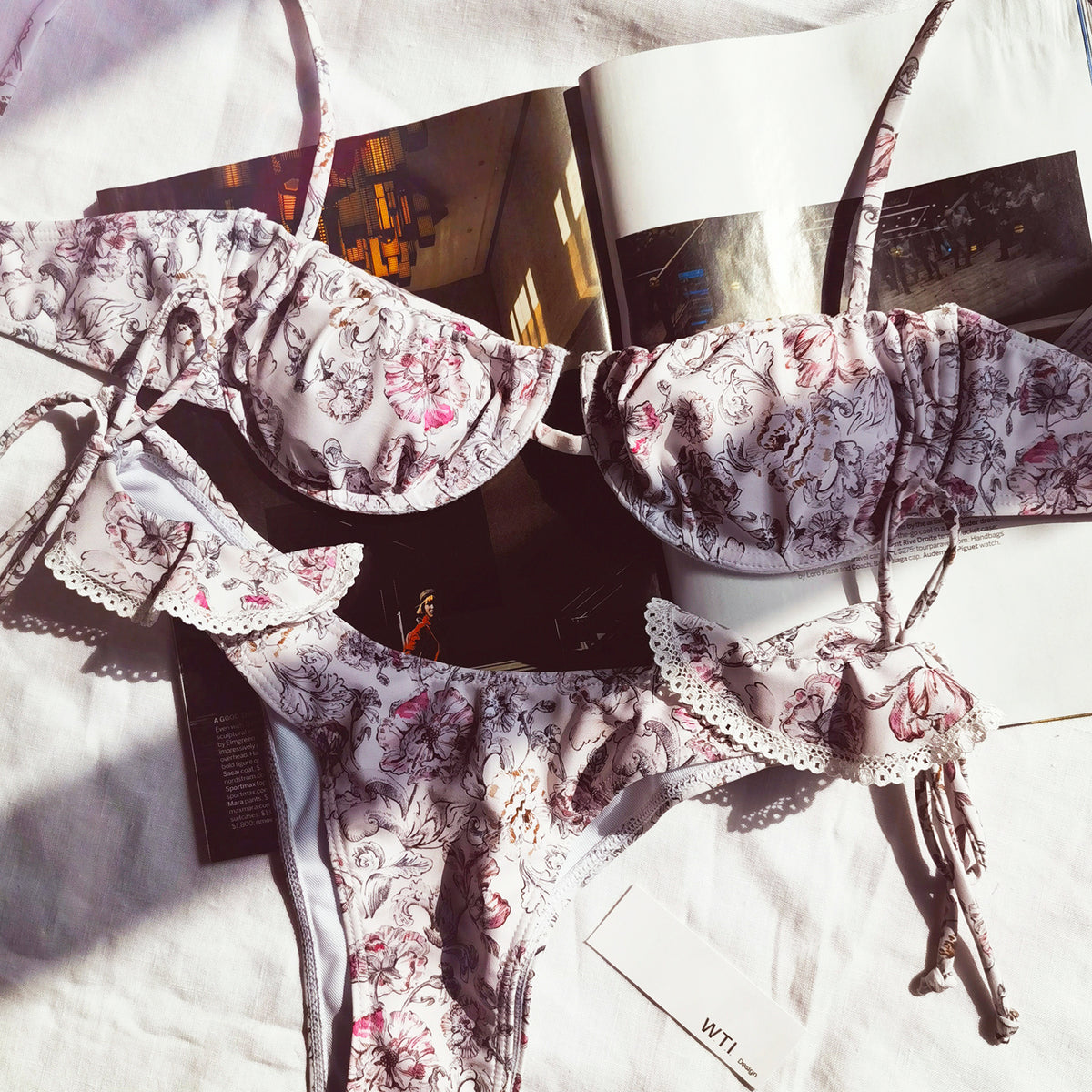 Floral Lace Hem Tie Side Underwire Bikini Swimsuit