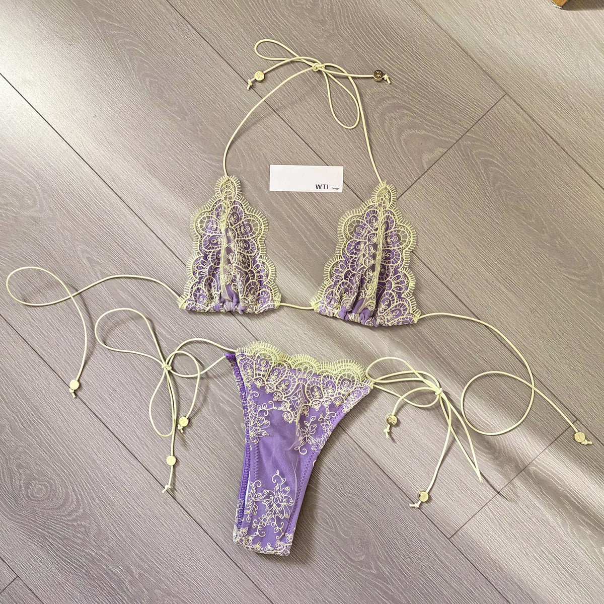 Eyelash Lace Triangle Side Tie Bikini Swimsuit