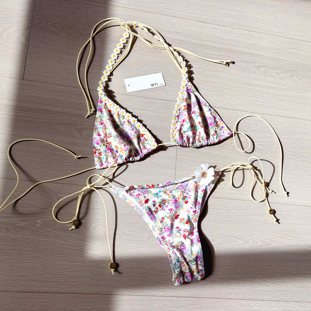 Floral Trimmed Triangle Bikini Swimsuit