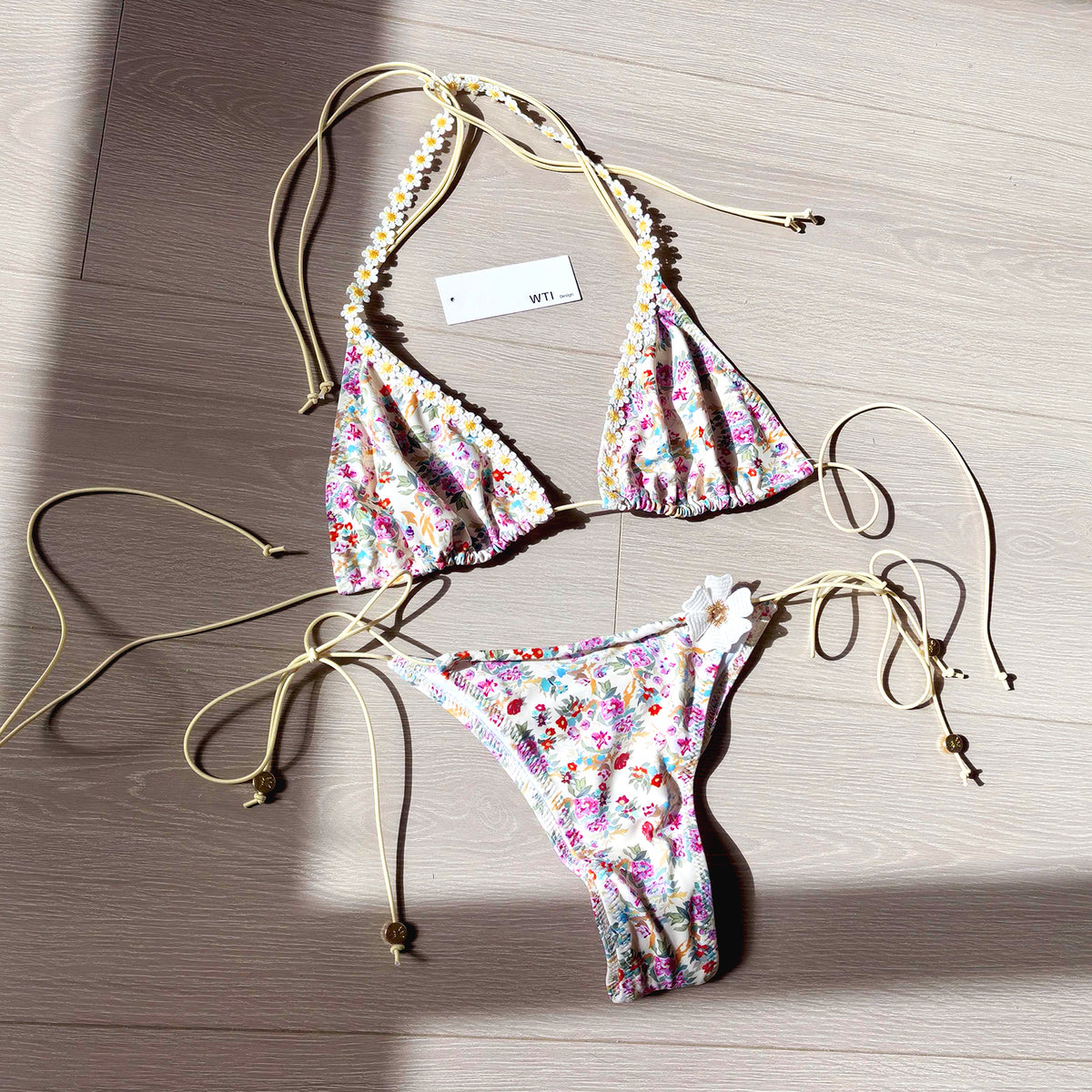 Floral Trimmed Triangle Bikini Swimsuit