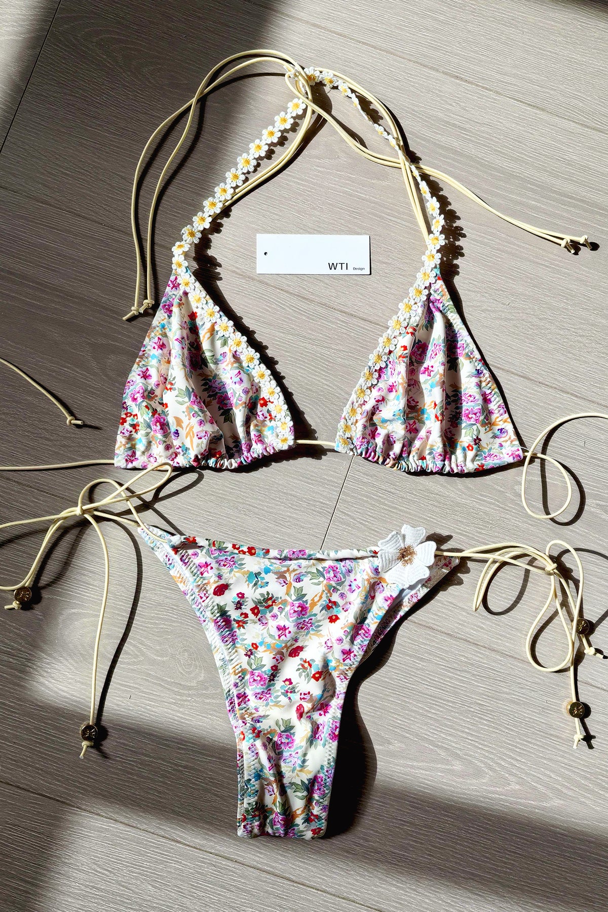 Floral Trimmed Triangle Bikini Swimsuit