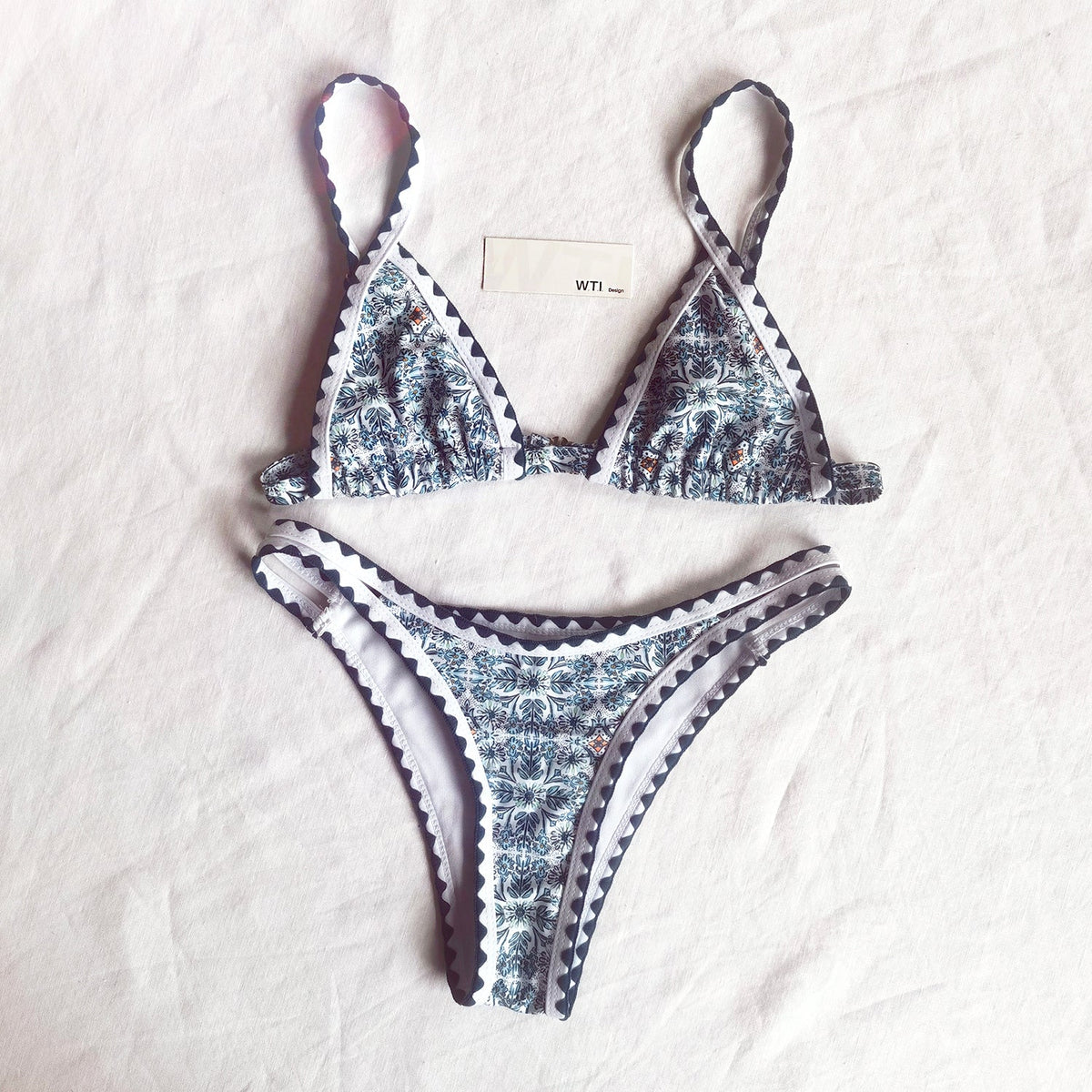 Floral Print Crochet Hem Triangle Bikini Swimsuit