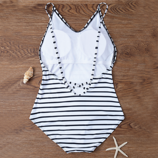 White Striped Modest One Piece Swimsuit Backless - worthtryit.com