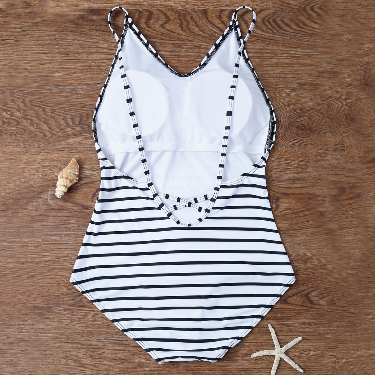 Modest White Stripes Backless One Piece Swimsuit - worthtryit.com