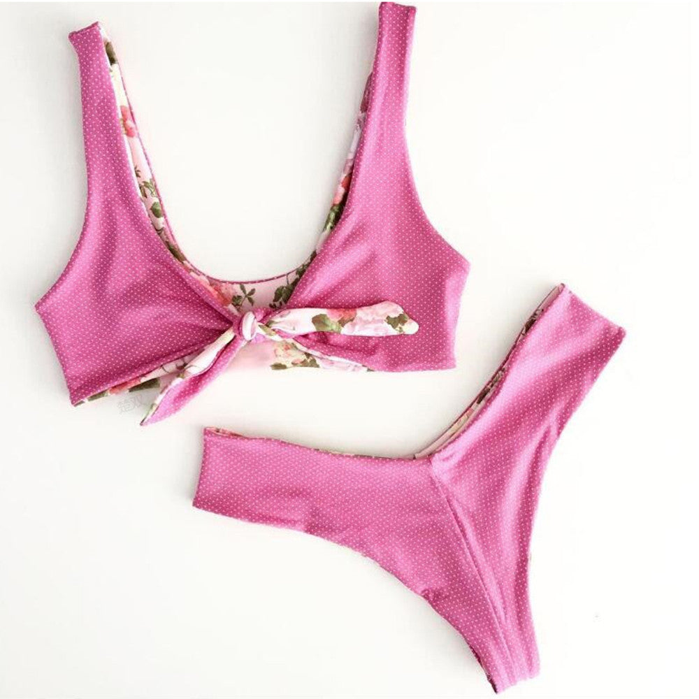 Reversible Foral & Polka Dot Bowknot Tank Bikini High Leg - worthtryit.com