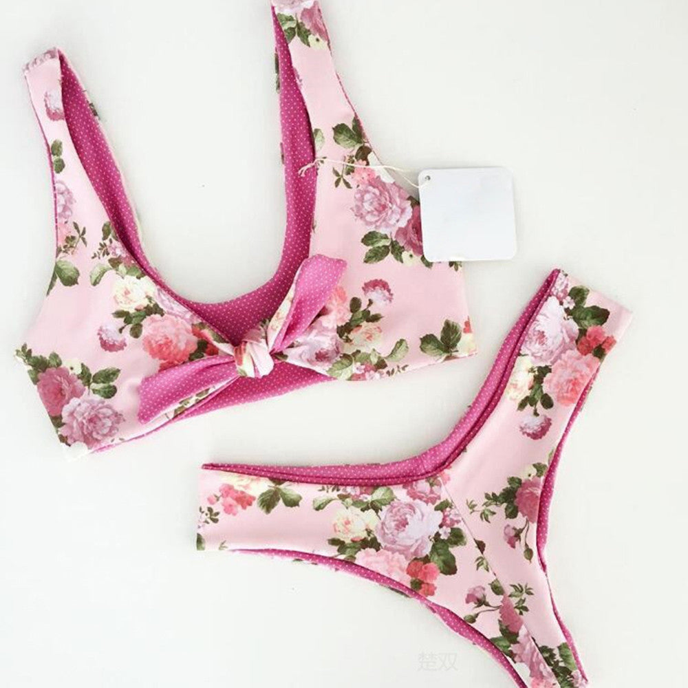 Reversible Foral & Polka Dot Bowknot Tank Bikini High Leg - worthtryit.com