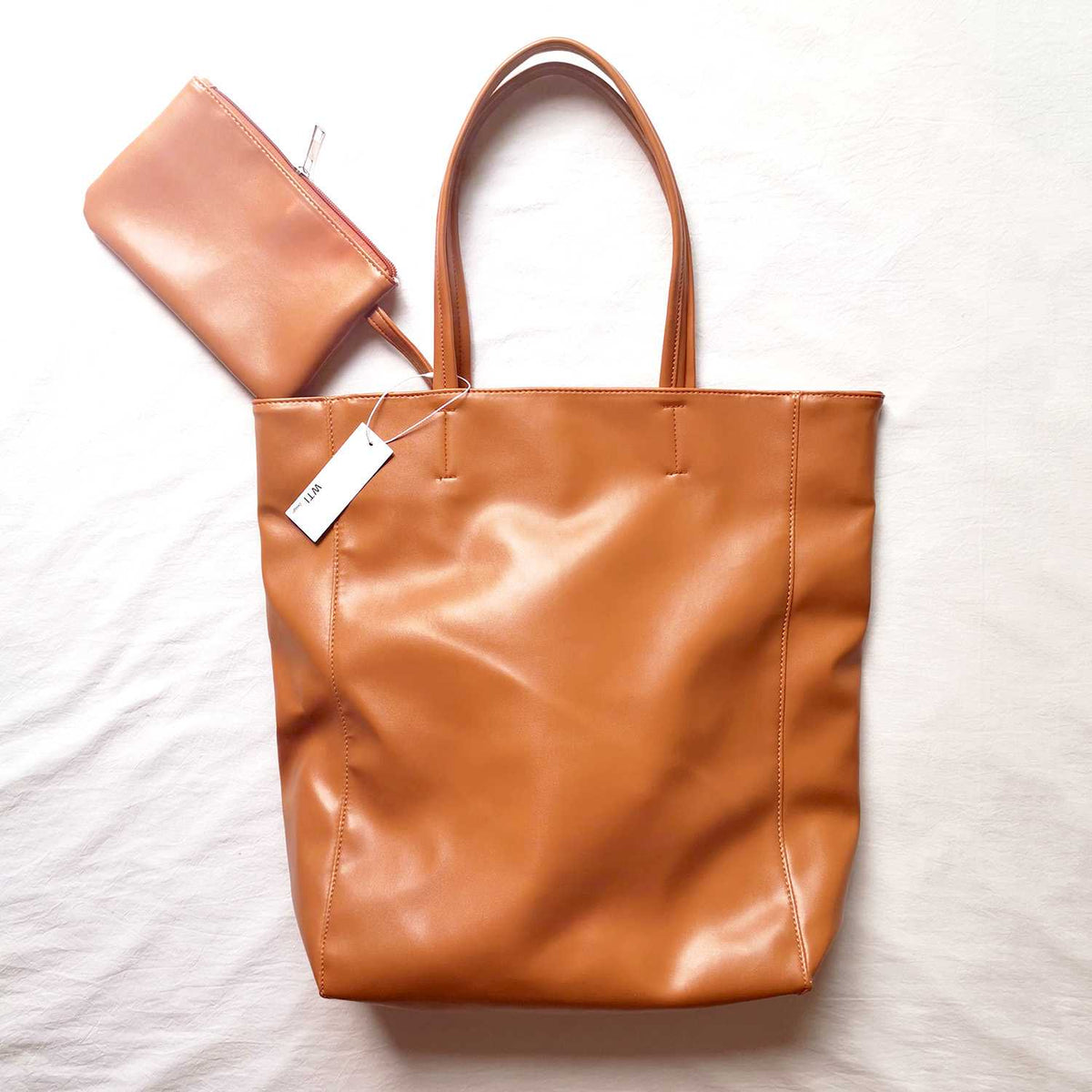 Oversized Eco Vegan Leather Lambskin Tote Bag 16.7" With Little Purse Inside - worthtryit.com