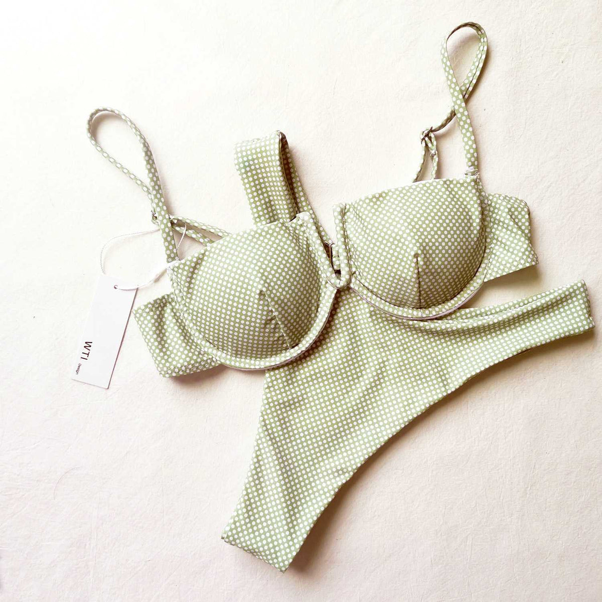 Polka Dots V Cut Underwire Bikini - Green - worthtryit.com