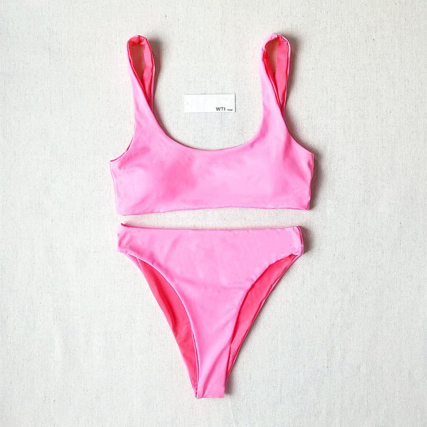 Solid Color Crop High Waist Bikini Swimsuit CH20