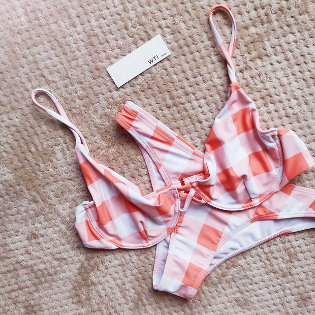 Checked Underwire Bikini Swimsuit-Peach - worthtryit.com