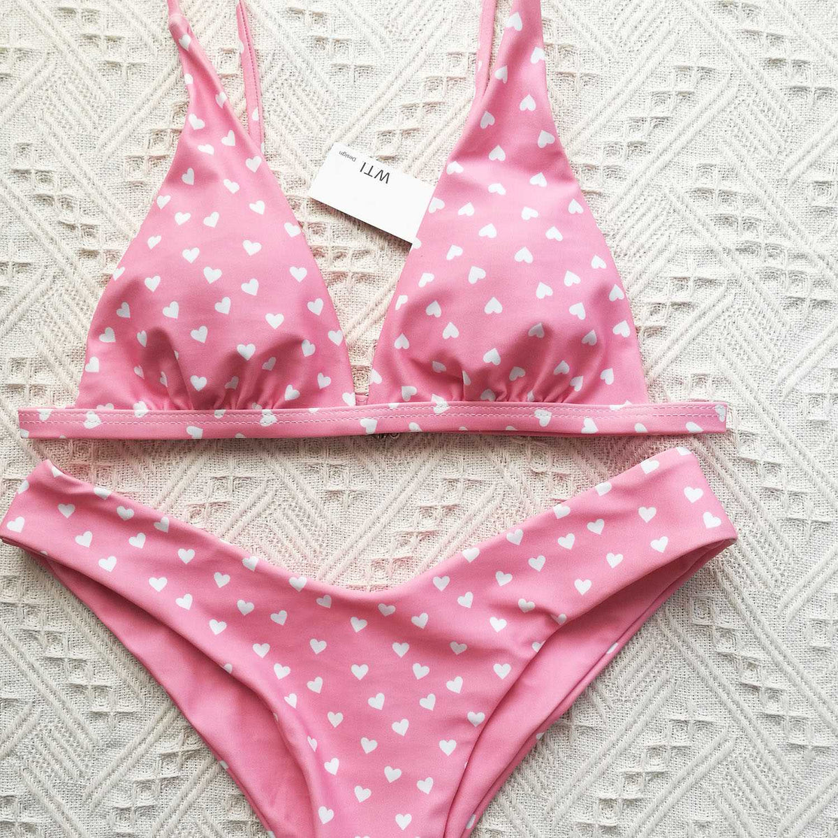 Heart Print Triangle Bikini Set - Red - worthtryit.com