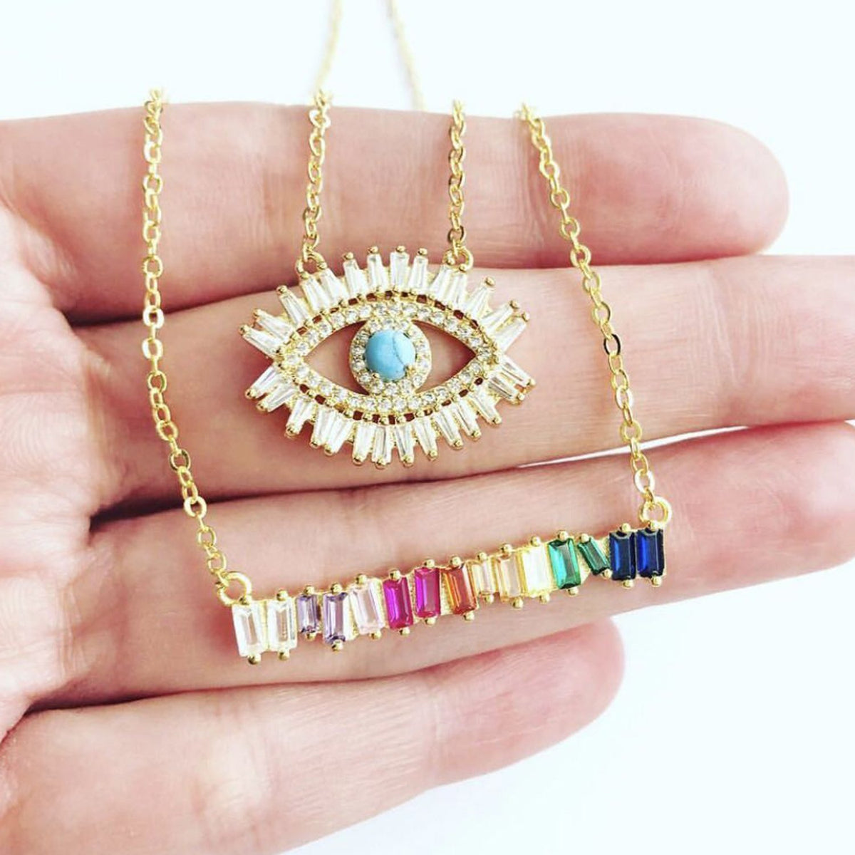 Rainbow Baguette 18K Gold Bar Necklace - worthtryit.com