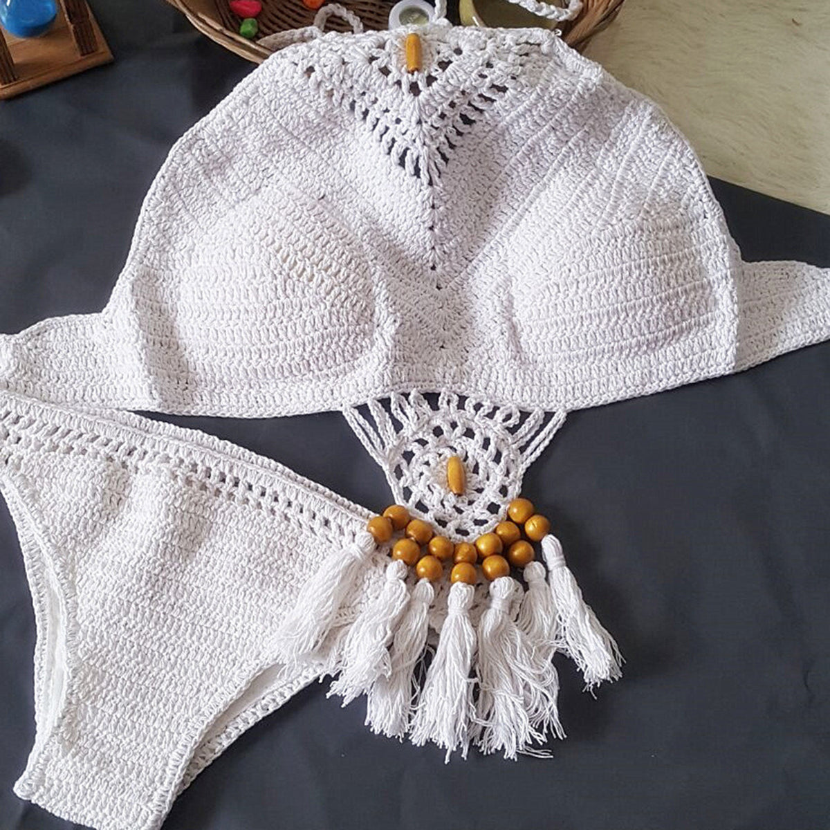 Boho Style Tassel Crochet Halter Bikini Set - White - worthtryit.com