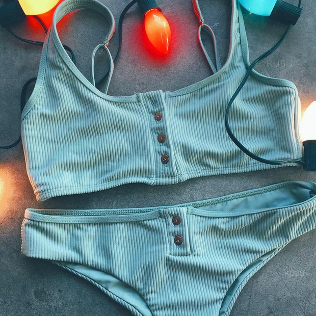 Ribbed Sporty Button Up Crop Top Bikini Set - worthtryit.com