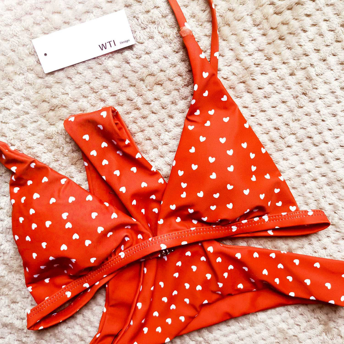 Heart Print Triangle Bikini Set - Red - worthtryit.com