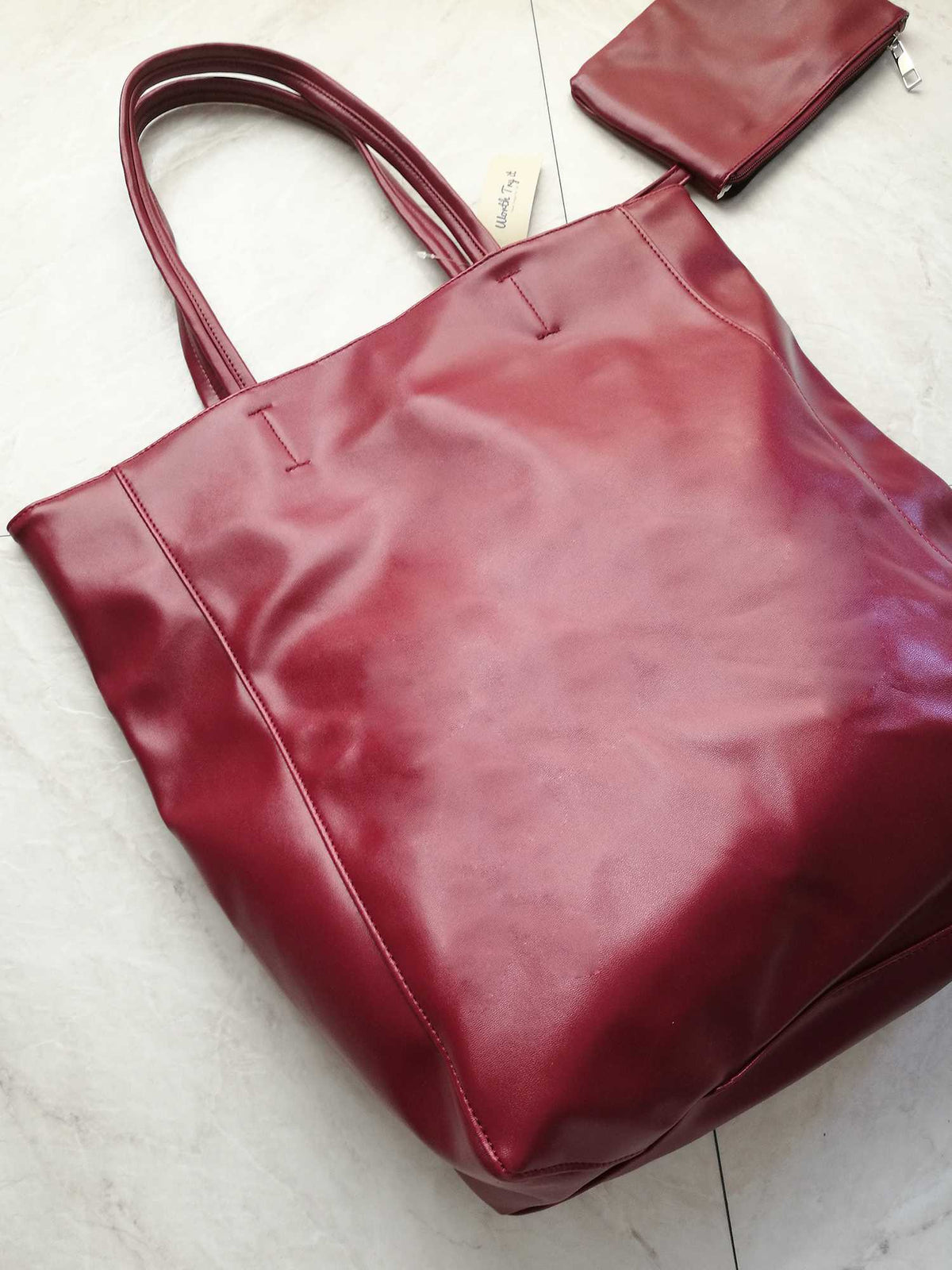 Oversized Eco Vegan Leather Lambskin Tote Bag 16.7" With Little Purse Inside - worthtryit.com