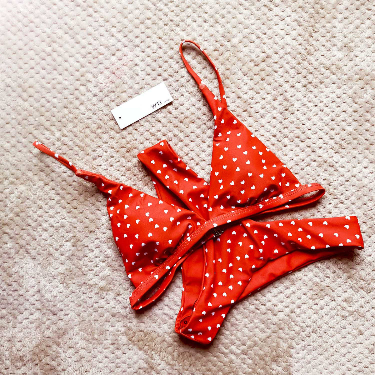 Heart Print Triangle Bikini Set - Red - worthtryit.com