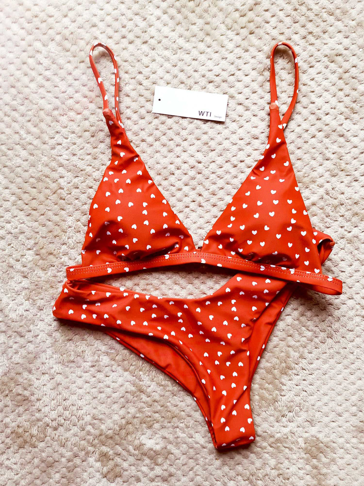 Heart Print Triangle Bikini Set - Red - worthtryit.com