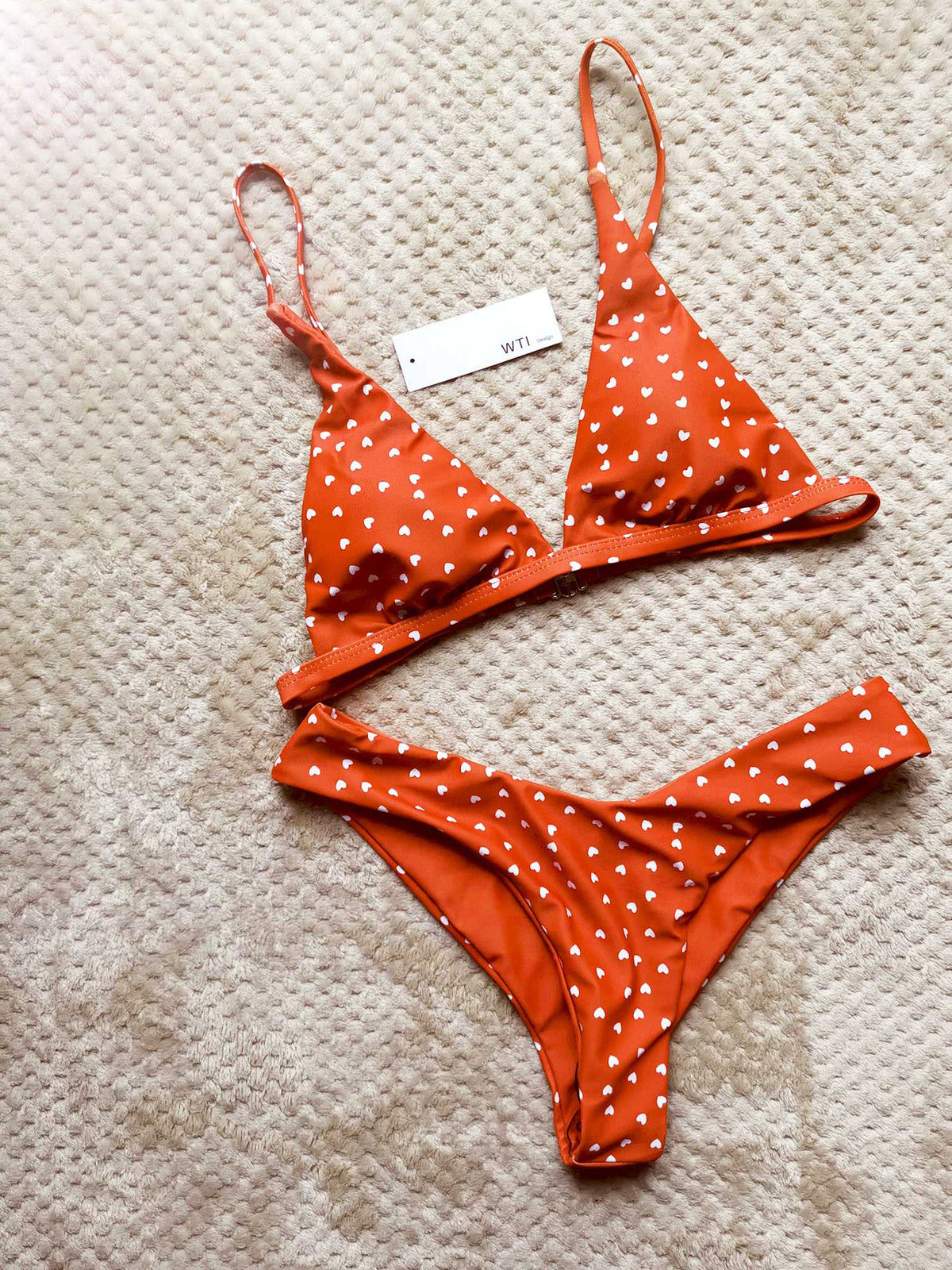 Heart Print Triangle Bikini Set - Red - worthtryit.com