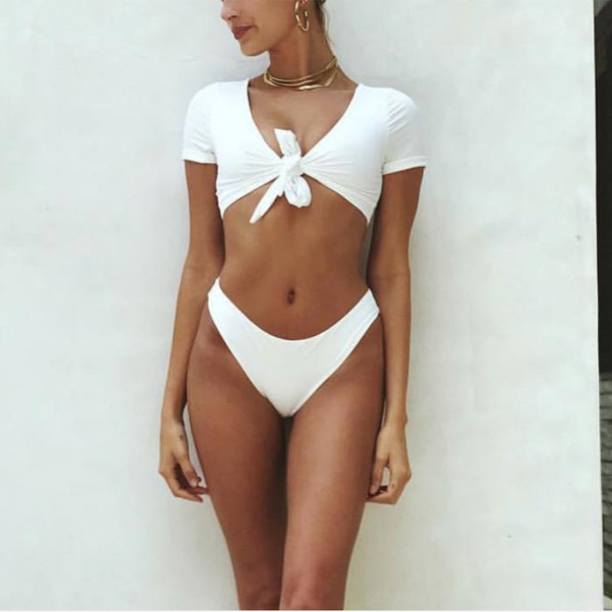 Crop Top Front Tie Bow High Cut Bikini Set - worthtryit.com