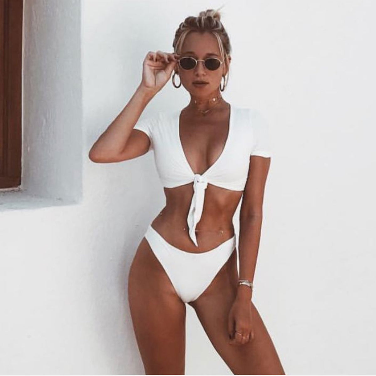 Crop Top Front Tie Bow High Cut Bikini Set - worthtryit.com