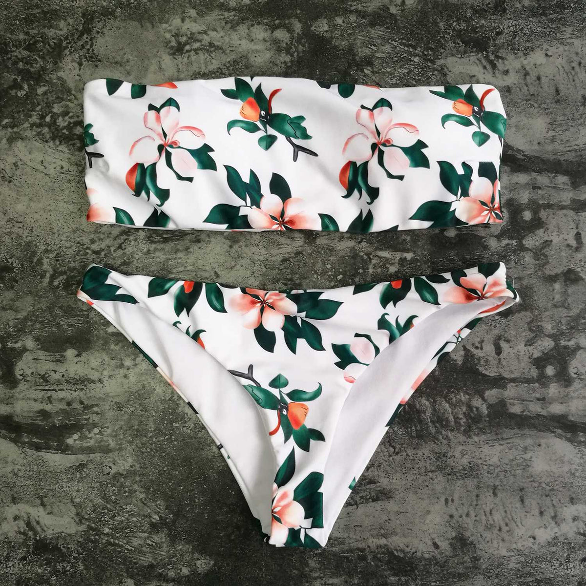 Floral Print High Cut Bandeaux Bikini Set - worthtryit.com