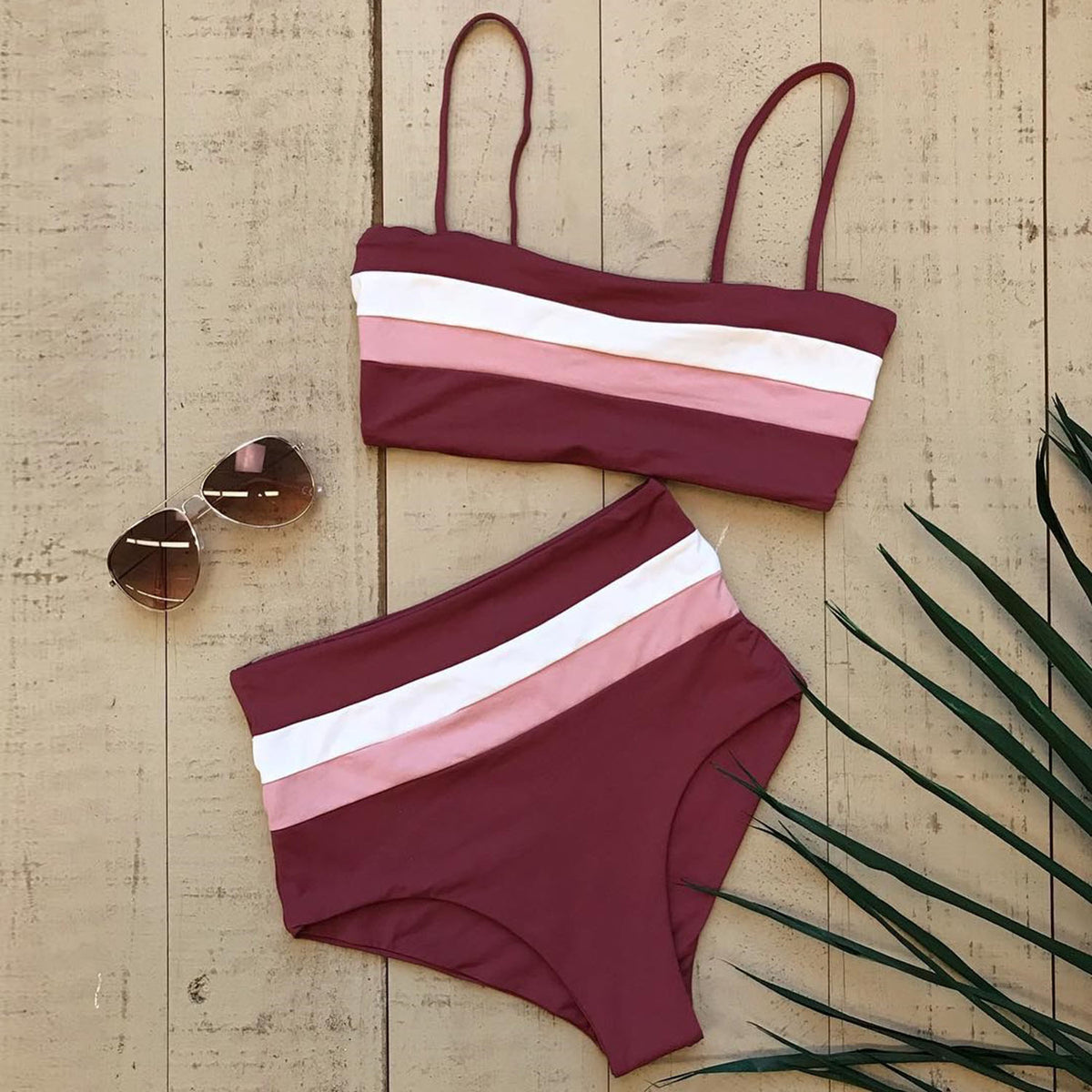 Color Block Strappy High Waisted Crop Top Bikini Set - worthtryit.com