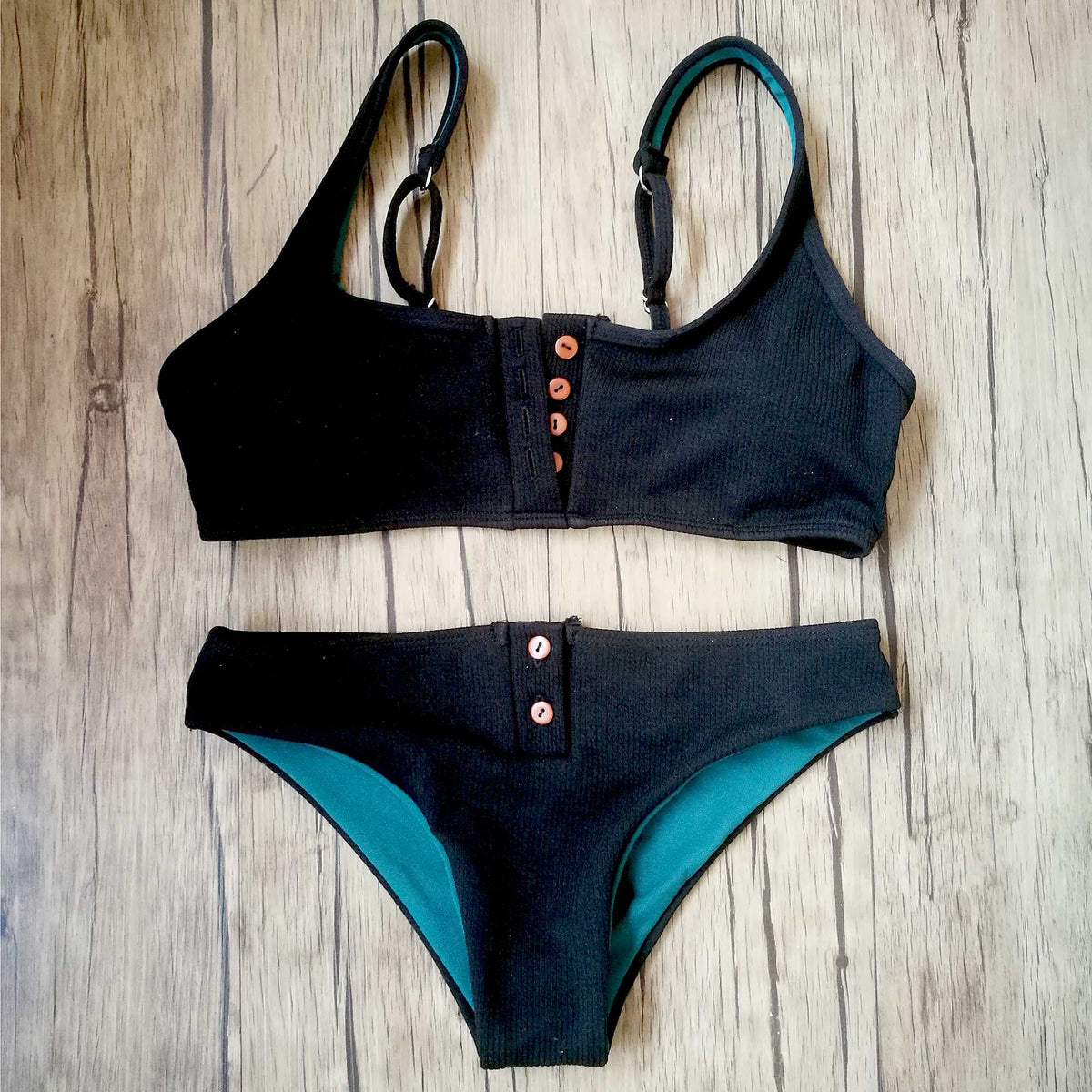 Ribbed Sporty Bikini Swimsuits Button Swimwear Up Crop Top Set - worthtryit.com