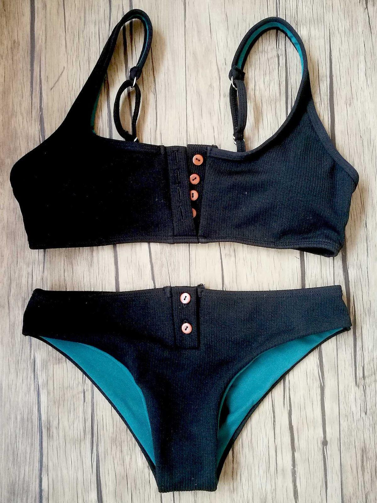 Ribbed Sporty Bikini Swimsuits Button Swimwear Up Crop Top Set - worthtryit.com