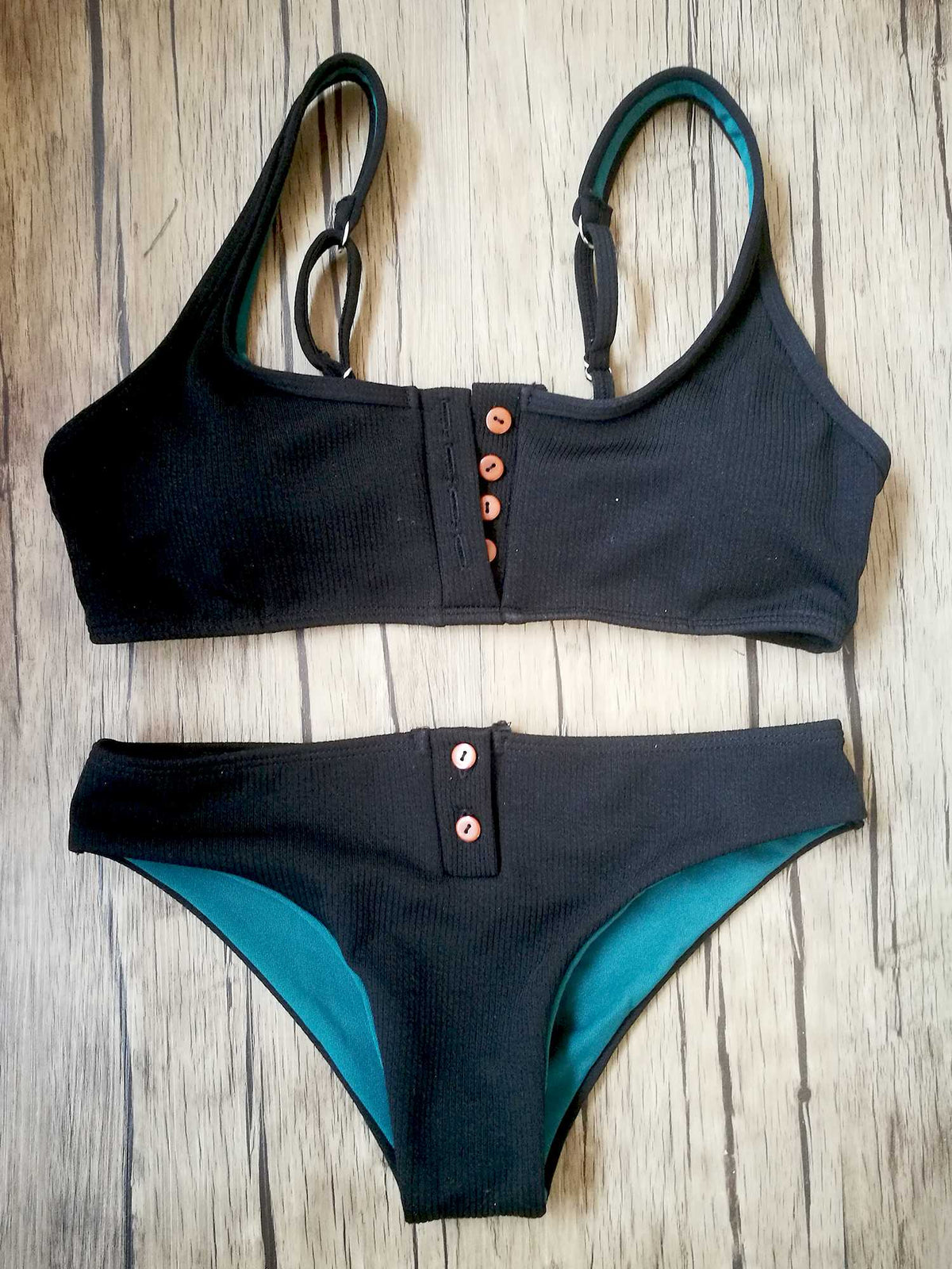 Ribbed Sporty Bikini Swimsuits Button Swimwear Up Crop Top Set - worthtryit.com