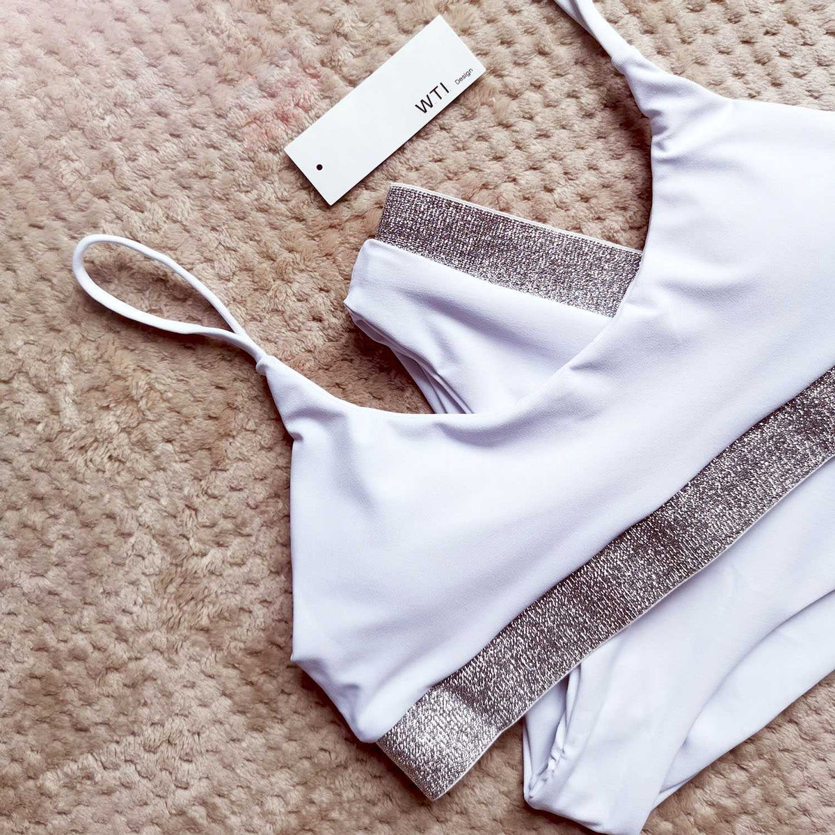 Silver Swimsuit with Knit Hem High Waist High Cut Crop Top Bikini Set - worthtryit.com