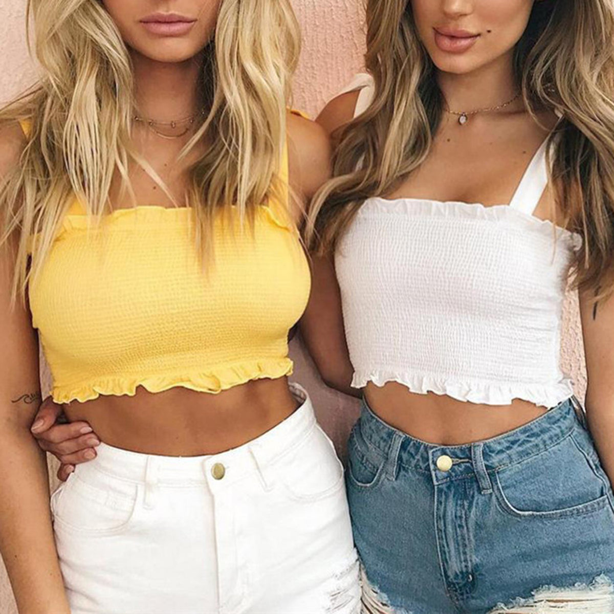 Cute Scrunch Ruffle Hem Bow Tie Shoulder Crop Top - worthtryit.com