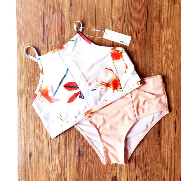 Floral Print High Neck Two Piece Swimsuit - worthtryit.com