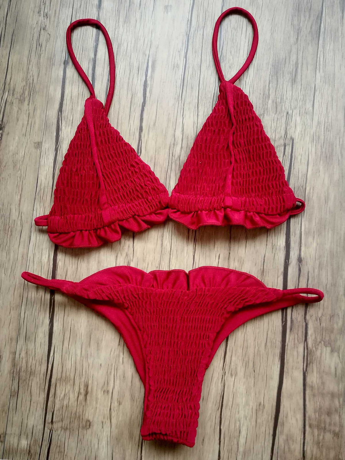 Scrunch Ruffle Hem Triangle Bikini Set - worthtryit.com