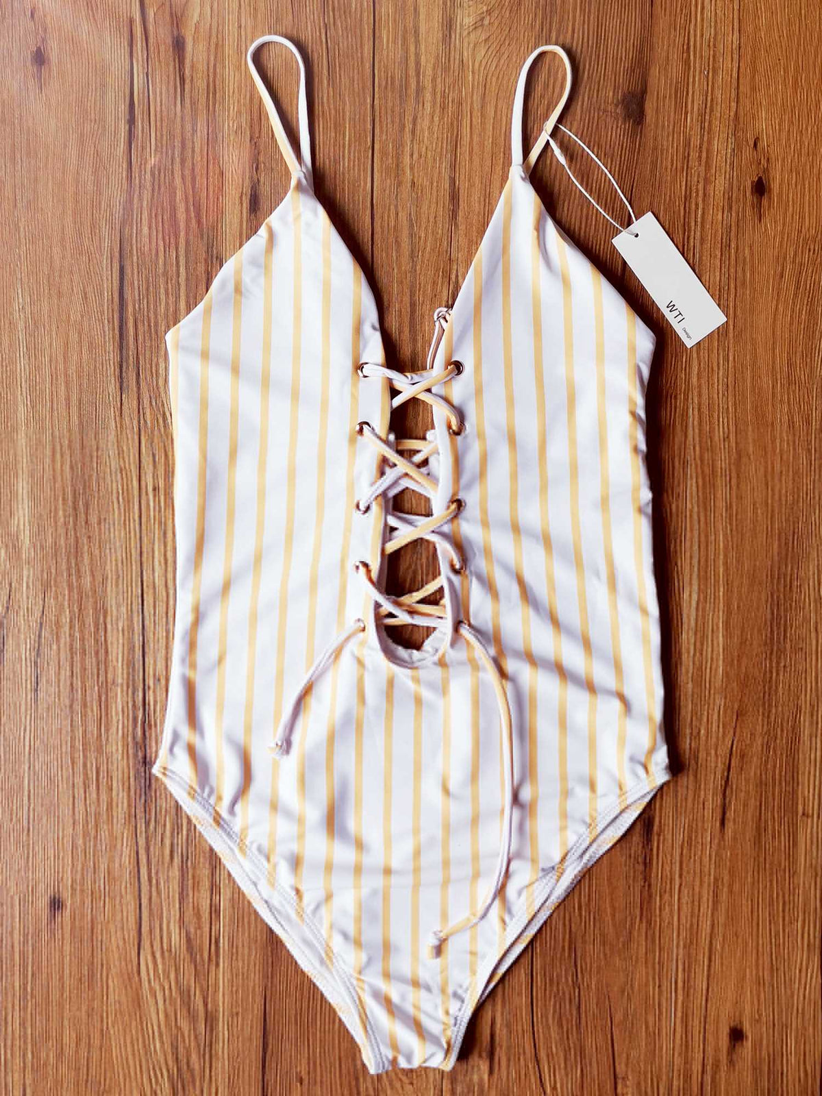 Yellow Stripes Lace Up Front One Piece Criss Cross Bikini Swimsuit - worthtryit.com