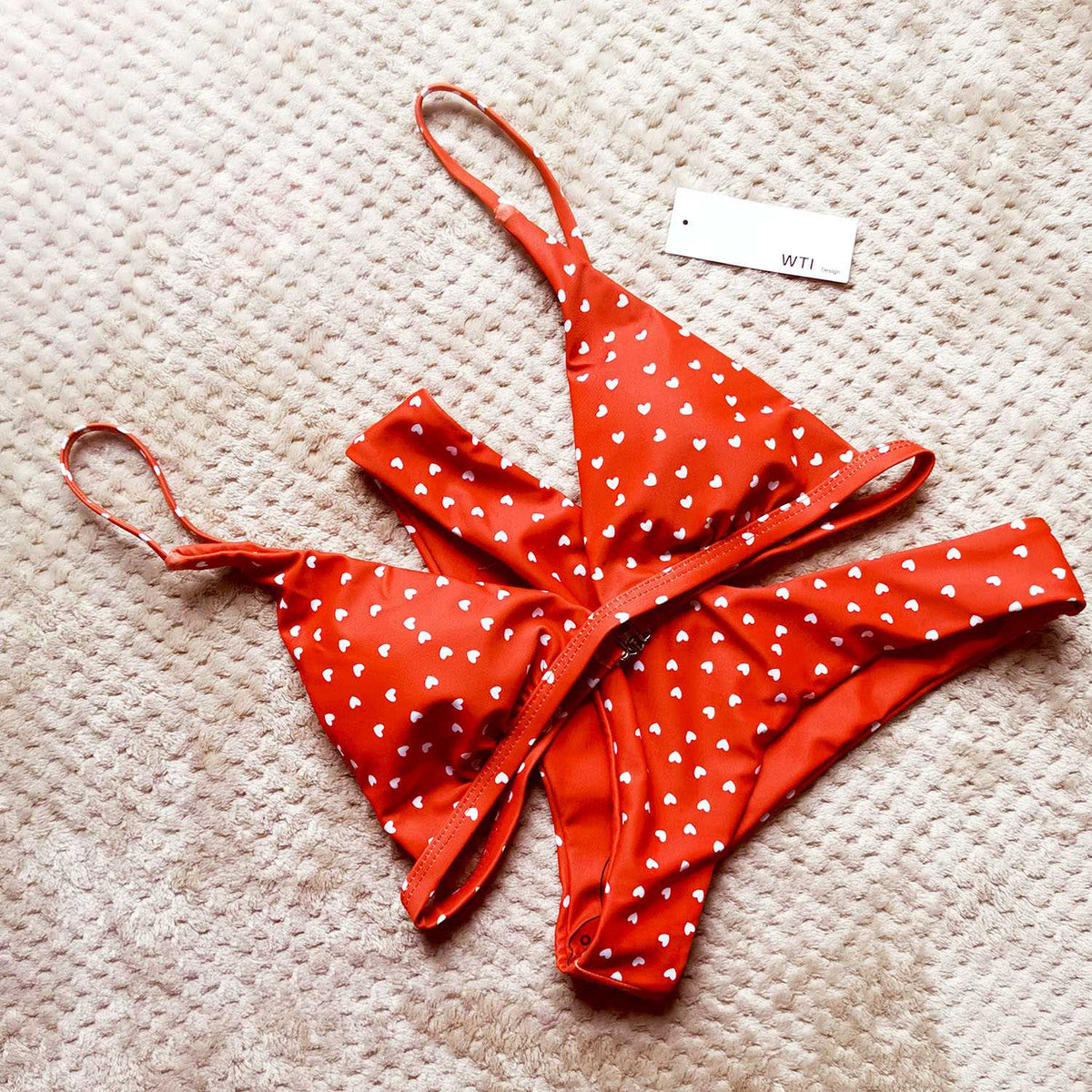 Heart Print Triangle Bikini Set - Red - worthtryit.com