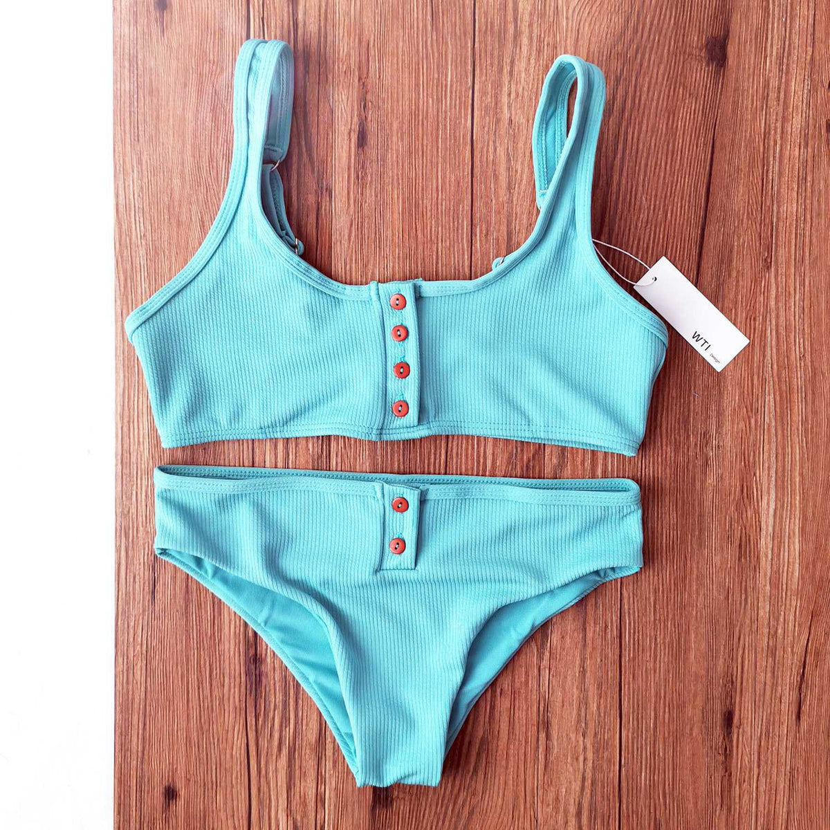 Ribbed Sporty Bikini Swimsuits Button Swimwear Up Crop Top Set - worthtryit.com