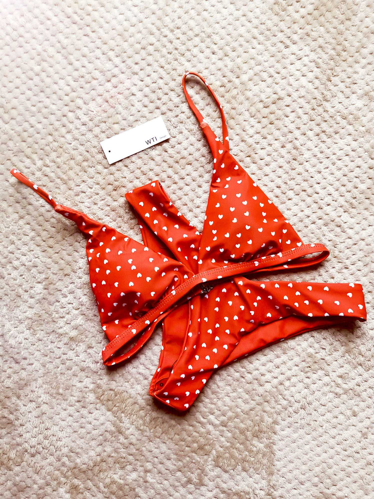 Heart Print Triangle Bikini Set - Red - worthtryit.com