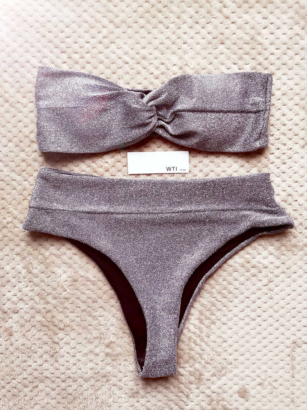 Silver Knit Twisted Bandeaux High Waisted Bikini Swimsuit - worthtryit.com