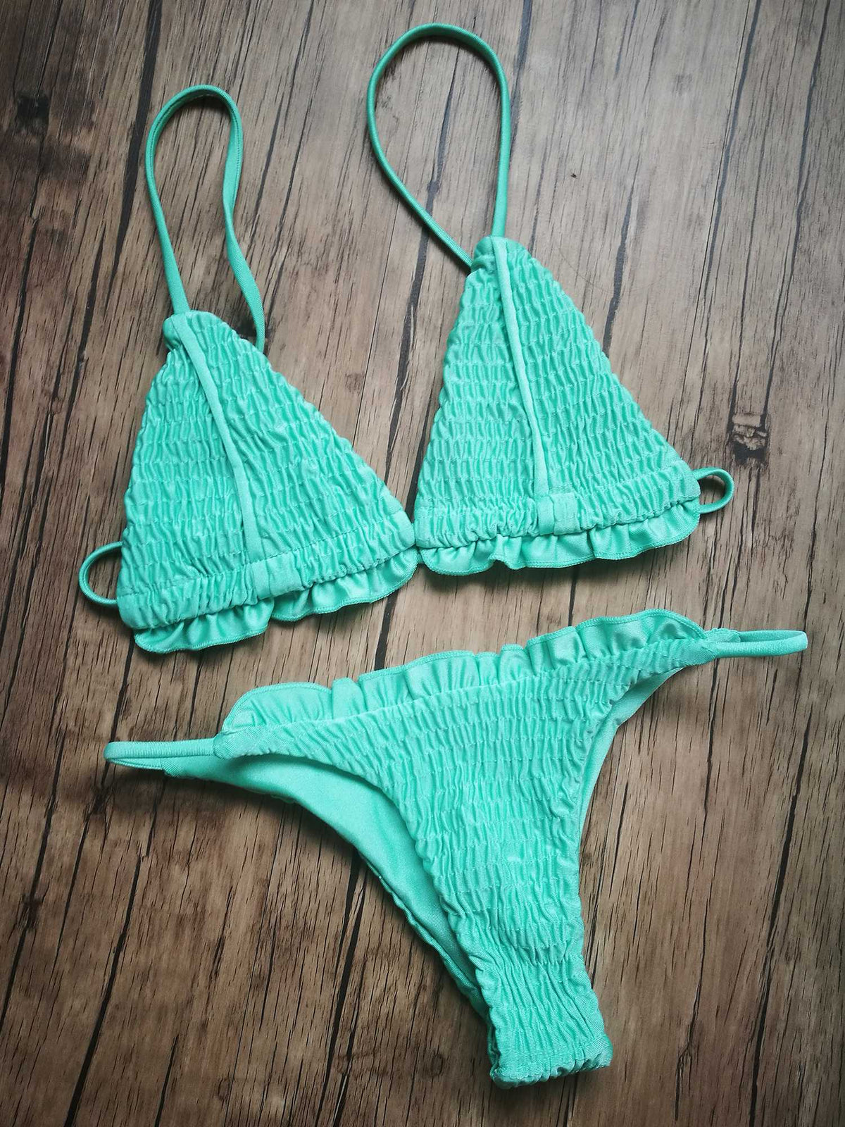 Scrunch Ruffle Hem Triangle Bikini Set - worthtryit.com